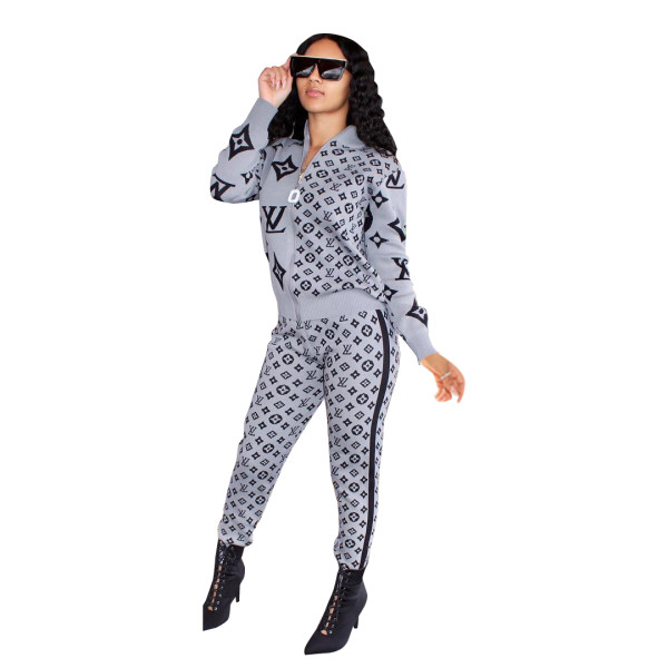 Women Branded Clothing Fashion Grey Printed Letter Zipper 2 Piece Pant Set