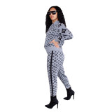 Women Branded Clothing Fashion Grey Printed Letter Zipper 2 Piece Pant Set