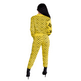Women Branded Clothing Fashion Yellow Printed Letter Zipper 2 Piece Pant Set