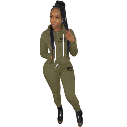 Army Green Winter Clothing Set Zipper Hooded Letter Printed Sweatshirt Jogging Suits