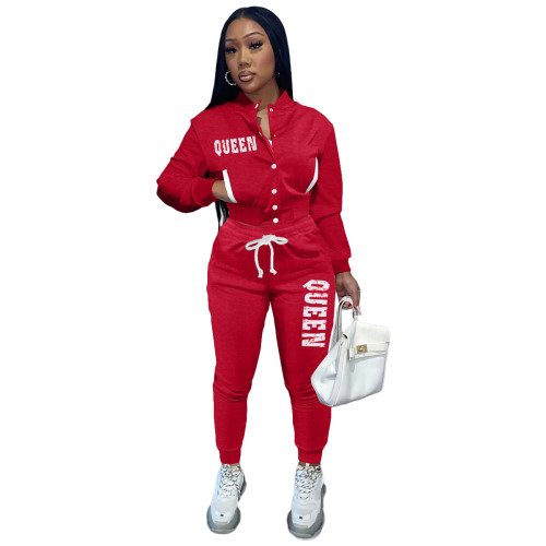 Red Winter Jacket Single-breasted Letter Printed Baseball Uniform 2 Piece Set