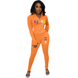 Spring Orange Printed Letter Finger Sleeve Pant Set Women High Neck Zipper Sportwear Two Piece