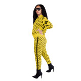 Women Branded Clothing Fashion Yellow Printed Letter Zipper 2 Piece Pant Set