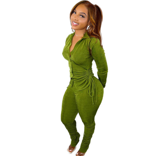 Solid Color Green Long Sleeve Pleated Button Top and Stacked Pile Trousers 2 Pcs