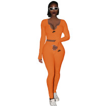 Spring Casual Orange Threaded V Neck Branded Clothing Long Seeve Crop Top Trousers Set