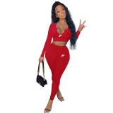 Spring Casual Red Threaded V Neck Branded Clothing Long Seeve Crop Top Trousers Set