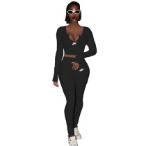 Spring Casual Black Threaded V Neck Branded Clothing Long Seeve Crop Top Trousers Set