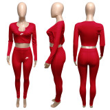 Spring Casual Red Threaded V Neck Branded Clothing Long Seeve Crop Top Trousers Set