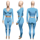 Spring Casual Sky Blue Threaded V Neck Branded Clothing Long Seeve Crop Top Trousers Set