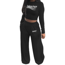Casual Black Printed Letter Midriff Crop Top Wide Legs Trousers with Pocket