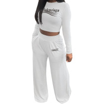 Casual White Printed Letter Midriff Crop Top Wide Legs Trousers with Pocket