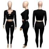 Spring Casual Black Threaded V Neck Branded Clothing Long Seeve Crop Top Trousers Set
