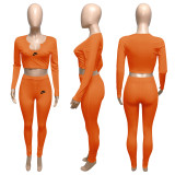Spring Casual Orange Threaded V Neck Branded Clothing Long Seeve Crop Top Trousers Set