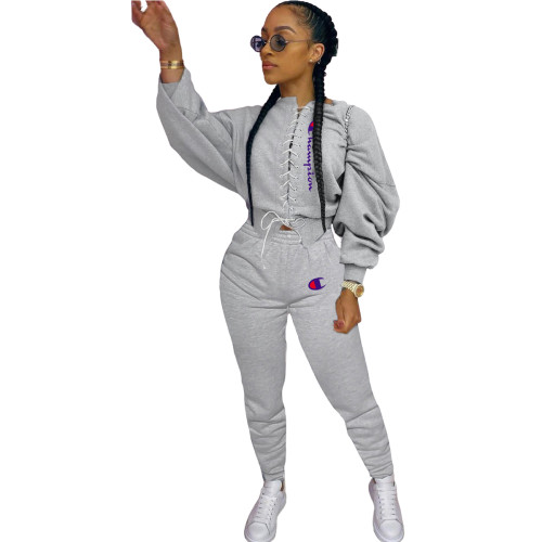 Sexy 2 Piece Outfits Tracksuit for Women- Puff Sleeve Lace Up Cropped Pullover Sweatshirts Jogger Sweatpants Sets Sweatsuits