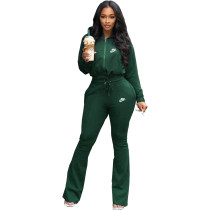 Casual Army Green Lapel Printed Drawstring Women Set Zipper Sports Two Piece Outfits