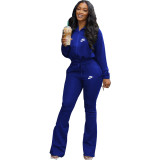Casual Blue Lapel Printed Drawstring Women Set Zipper Sports Two Piece Outfits