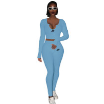 Spring Casual Sky Blue Threaded V Neck Branded Clothing Long Seeve Crop Top Trousers Set