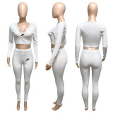 Spring Casual White Threaded V Neck Branded Clothing Long Seeve Crop Top Trousers Set