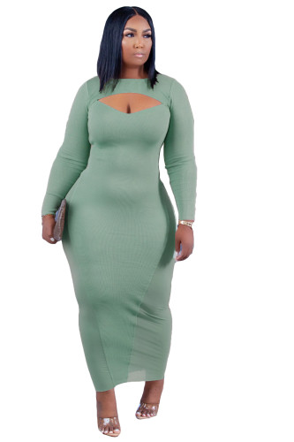 Casual Solid Color Pastel Green Plus Size Mesh Long Dress with Hollow