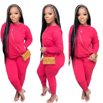 Solid Color Red Pullover Sweatshirt Pant Set