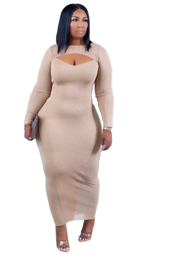 Casual Solid Color Khaki Plus Size Mesh Long Dress with Hollow