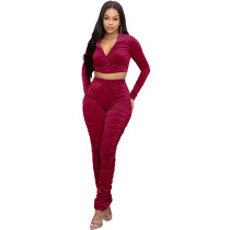 Solid Wine Red Wrinkles Hooded Zipper Crop Top Stacked Pants 2 Piece Sets