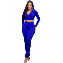 Solid Royal Blue Wrinkles Hooded Zipper Crop Top Stacked Pants 2 Piece Sets