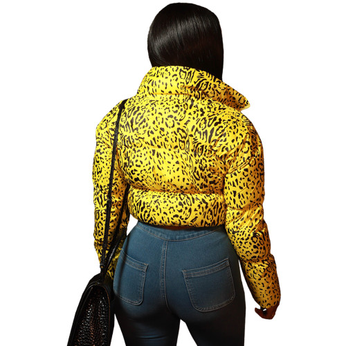 Winter Printed Full Sleeve Zipper Cropped Bomber Jacket - Yellow