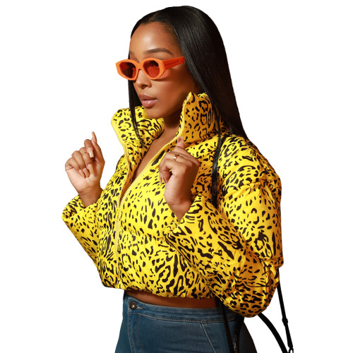 Winter Printed Full Sleeve Zipper Cropped Bomber Jacket - Yellow