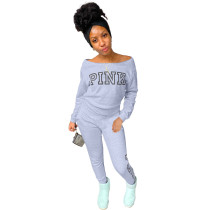 Spring Autumn Grey Off The Shoulder Letter Print Casual Long Sleeve Two Piece Sets