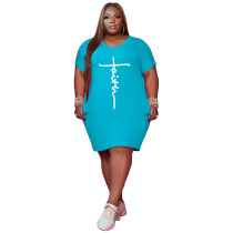Solid Light Blue Printed Letter V Neck Outfits Casual Short Sleeve T Shirt Dress Plus Size