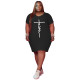Solid Black Printed Letter V Neck Outfits Casual Short Sleeve T Shirt Dress Plus Size