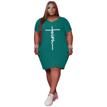 Solid Green Printed Letter V Neck Outfits Casual Short Sleeve T Shirt Dress Plus Size