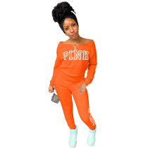 Spring Autumn Orange Off The Shoulder Letter Print Casual Long Sleeve Two Piece Sets