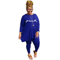 Blue Plus Size Clothing Pure Color Casual Top Trousers Two-piece Suit