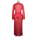 Red Sexy See Through Bronzing Sequins Mesh Split Long Dress with Panties