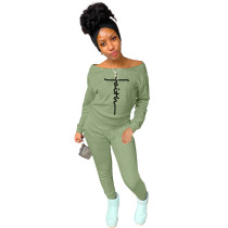 Casual Green Off The Shoulder Letter Print Long Sleeve Two Piece Sets