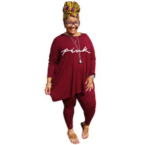 Wine Red Plus Size Clothing Pure Color Casual Top Trousers Two-piece Suit