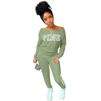 Spring Autumn Green Off The Shoulder Letter Print Casual Long Sleeve Two Piece Sets