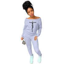 Casual Grey Off The Shoulder Letter Print Long Sleeve Two Piece Sets
