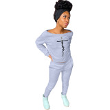 Casual Grey Off The Shoulder Letter Print Long Sleeve Two Piece Sets