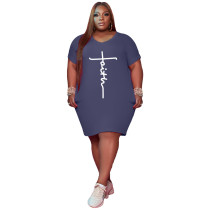 Solid Grey Printed Letter V Neck Outfits Casual Short Sleeve T Shirt Dress Plus Size