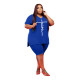 Fashion Blue Printed Letter Slit Women's V-neck Plus Size L-5XL Casual Set