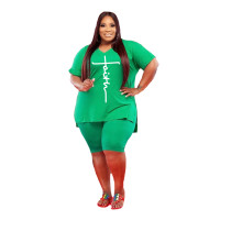 Fashion Green Printed Letter Slit Women's V-neck Plus Size L-5XL Casual Set
