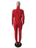 Casual Solid Red High Neck Zipper Pant Set Stitching Pyrography Letter Sportswear Two Piece Outfits