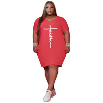 Solid Red Printed Letter V Neck Outfits Casual Short Sleeve T Shirt Dress Plus Size