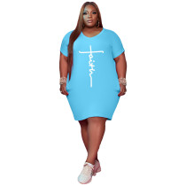 Solid Sky Blue Printed Letter V Neck Outfits Casual Short Sleeve T Shirt Dress Plus Size