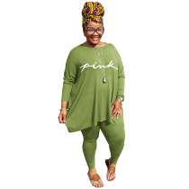 Green Plus Size Clothing Pure Color Casual Top Trousers Two-piece Suit