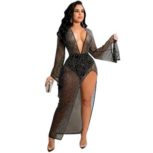 Black Sexy See Through Bronzing Sequins Mesh Split Long Dress with Panties