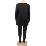 Black Plus Size Clothing Pure Color Casual Top Trousers Two-piece Suit
